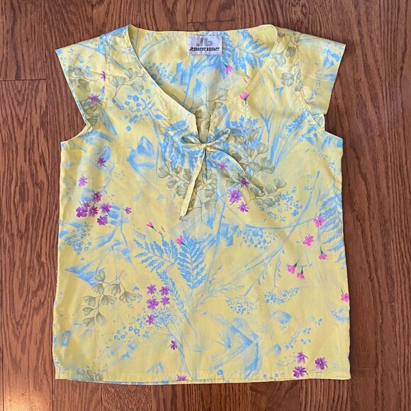 Vintage 80s Short-sleeve Floral Blouse Yellow Summer Top - Picture 11 of 14
